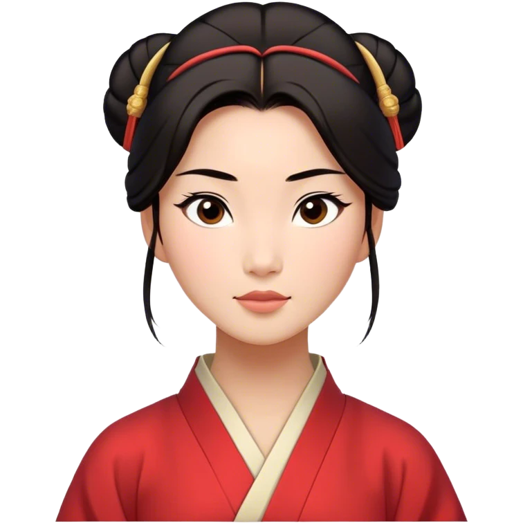 Cinematic Timeless Mulan Portrait Emoji, rendered in a clean vector style. Depict Mulan with warm, light-toned skin, neatly styled dark hair in a traditional bun, and a serene, confident expression, dressed in a simple traditional robe with minimal decoration. The image is highlighted by a soft, inviting glow and a subtle glowing outline, capturing enduring beauty and quiet strength. emoji