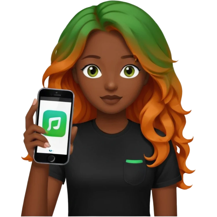 Girl with dark long orange wavy hair, green eyes, and black t-shirt and phone with tiktok app on hands emoji
