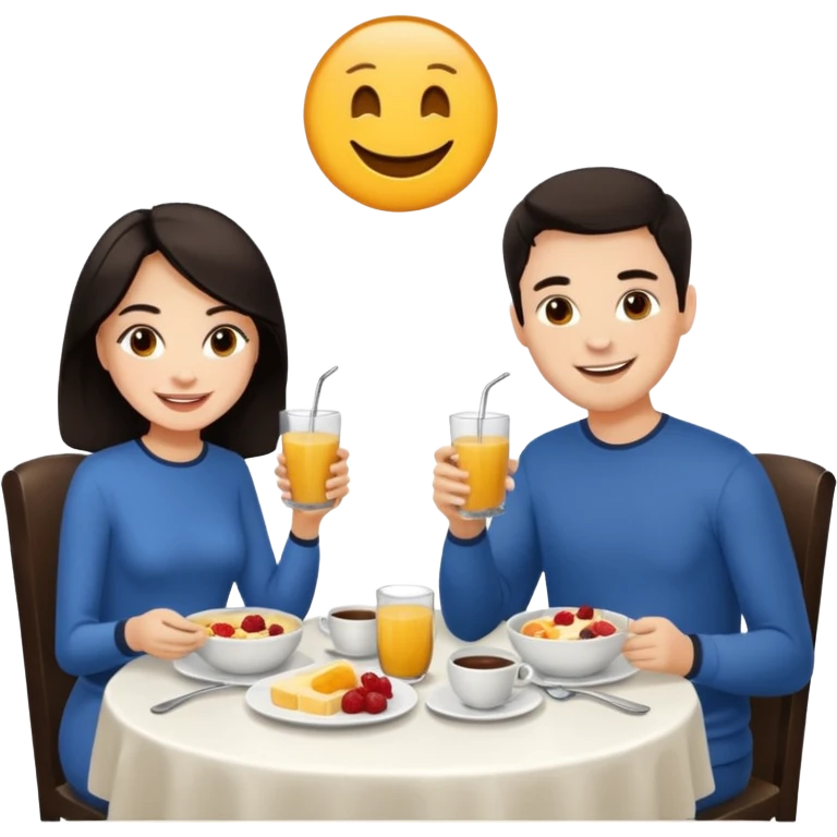 pon una pareja desayunando sedayuno de hotel pareja de pelo moreno emoji