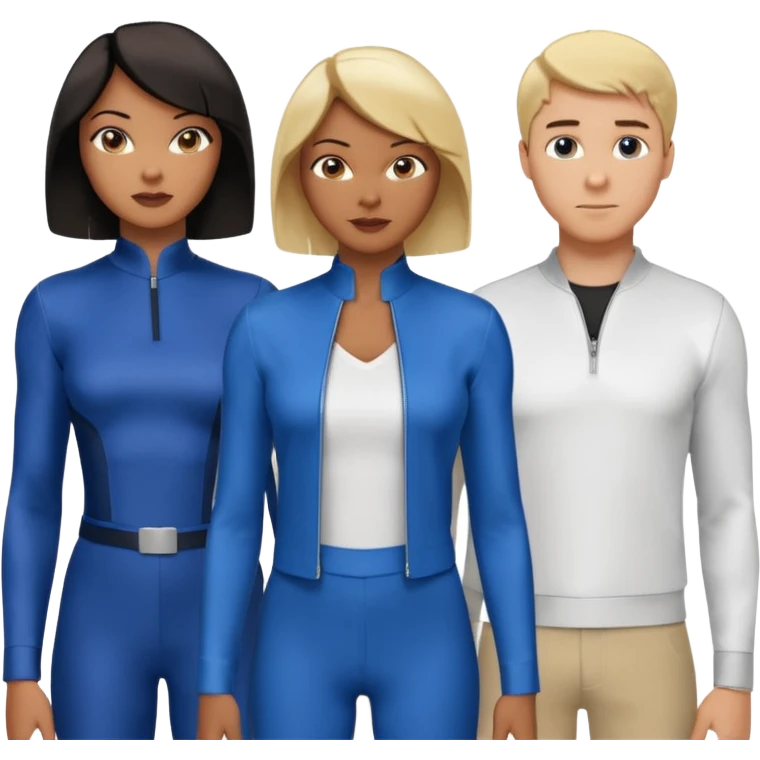 3 Friends standing side by side, charlie's angels style: 1 black woman with a short flat pressed bob, 1 hispanic man with a thin nose and long hair, and 1 white guy with blue eyes and a short brown-blonde haircut emoji