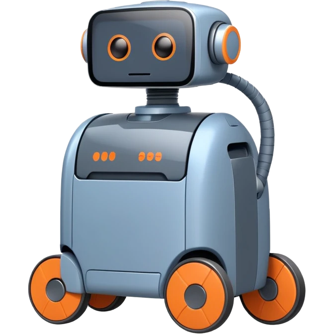 cleaning robot on wheels with blue, grey, and orange colors emoji