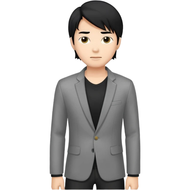 asian young man with long curtains style black hair in grey blazer and black t-shirt  emoji