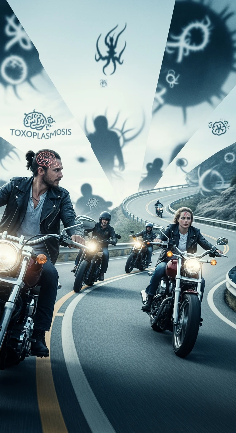 Gruppo di motociclisti su strada, volti impassibili o con espressioni rischiose e prive di paura, mentre affrontano curve pericolose. Atmosfera surreale, con ombre o simboli astratti che rappresentano la toxoplasmosi (come parassiti invisibili nel cervello). emoji