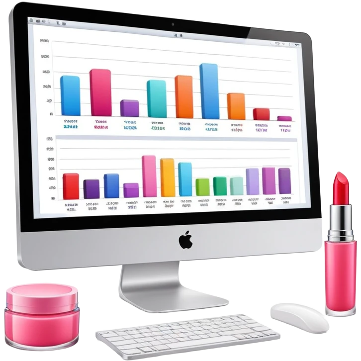 iMac computer with bar charts and beauty products like lipstick, nail polish, cream jars on the screen emoji