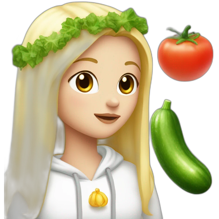 blonde girl  eating  cucumber and tomatoes with white hoodie iridescent and a crown princess emoji