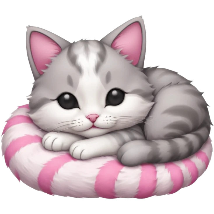grey and white small cat with eyes closed lying down upside down with its head resting on its curled paw emoji