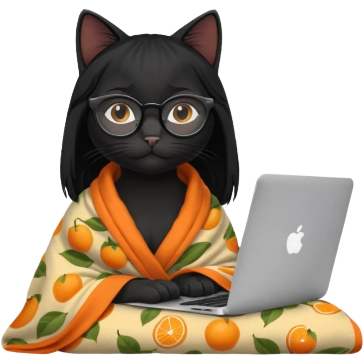 A black female cat working on a MacBook, with long, black straight hair, with round frames and thin glasses, and she wears a blanket with an orange fruit pattern emoji