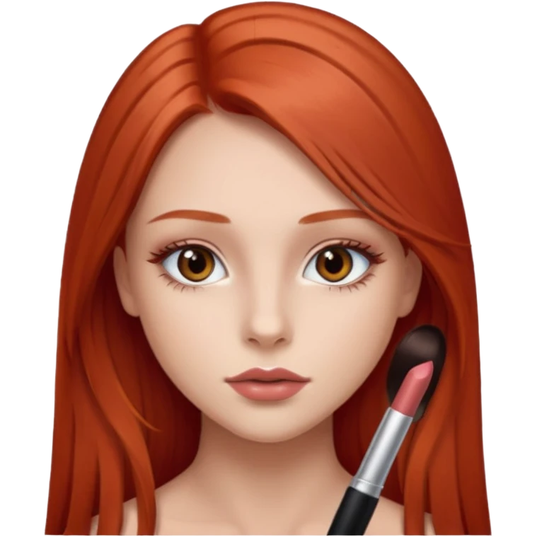 una chica de 18 años con los labios con pintalabios nude y los ojos maquillados, de piel blanca con el pelo liso, largo y pelirrojo, ojos marrones emoji
