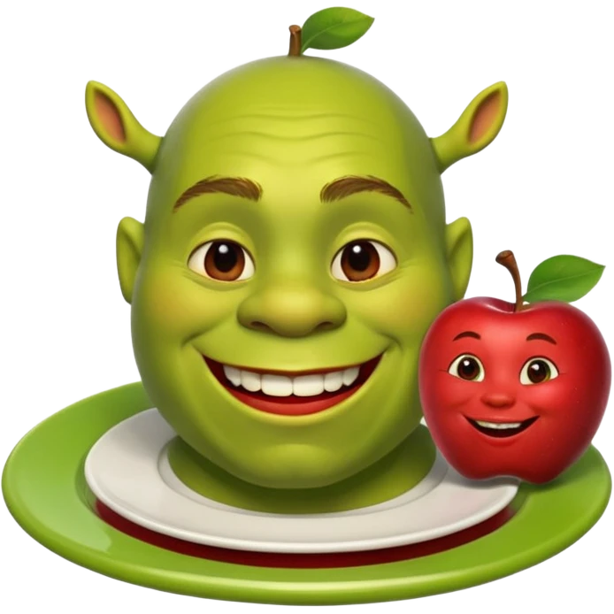 shrek on a plate with an apple in his mouth emoji
