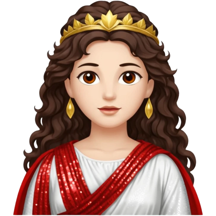 Libertas, Goddess of Freedom from Roman Deities with long dark brown wavy hair, white and red sequin toga emoji