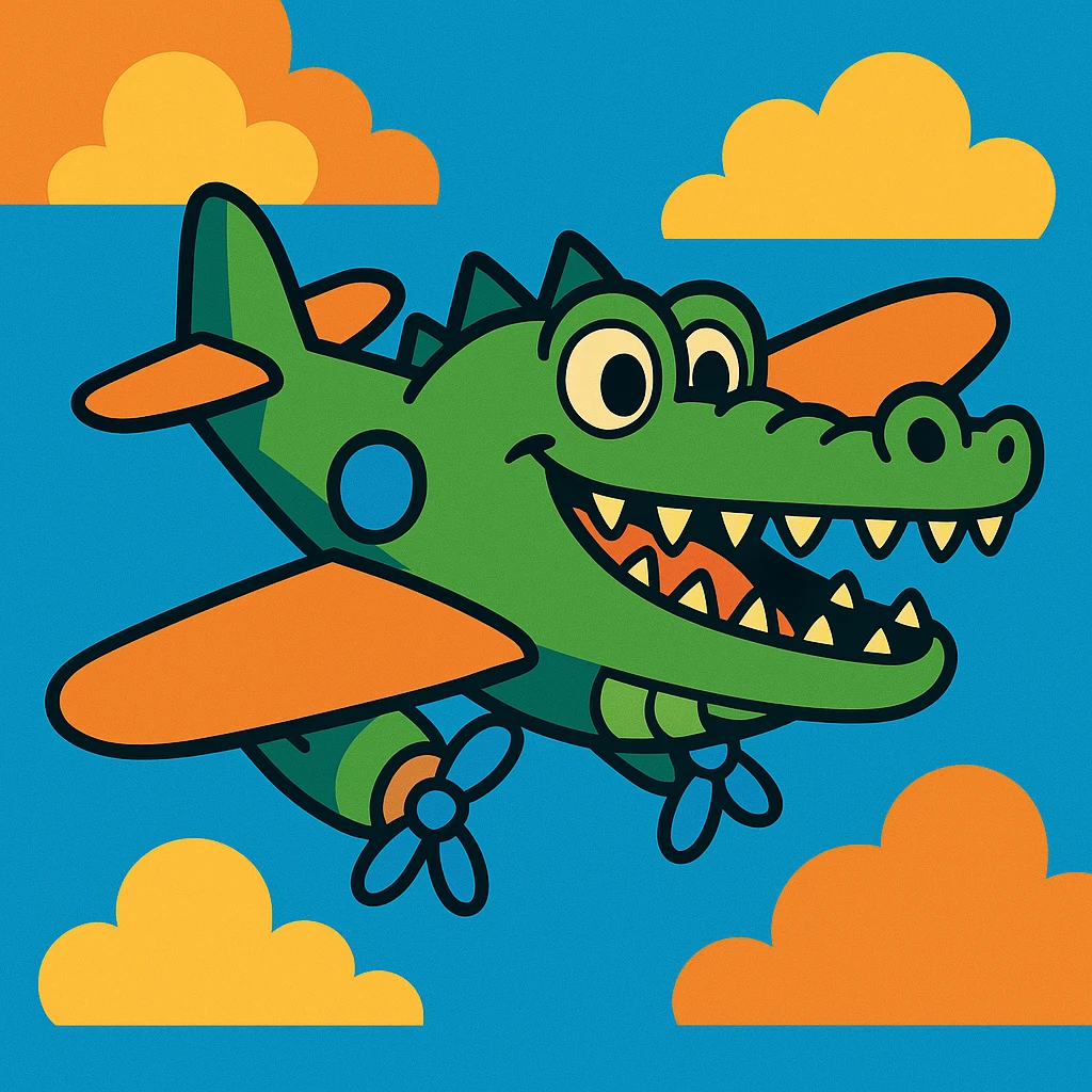 a crocodile shaped like a bomber plane, playful, creative cartoon emoji