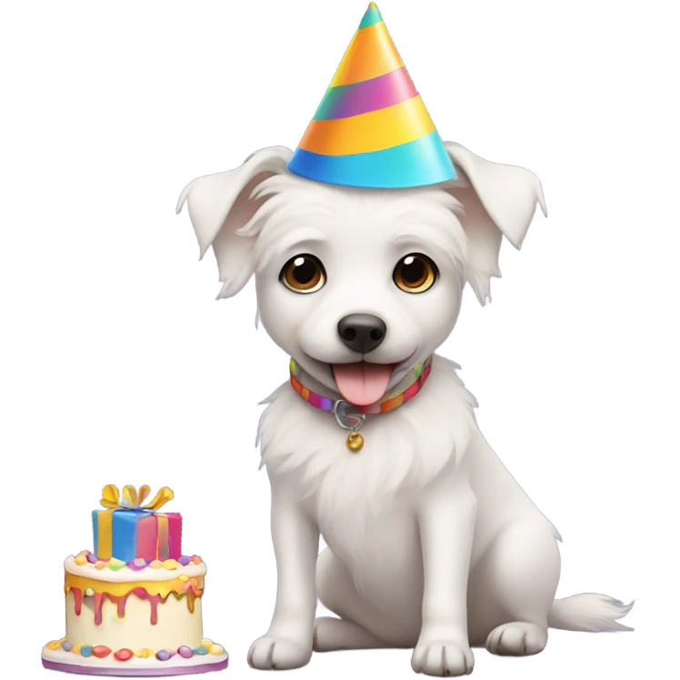 White male small dog wearing birthday hat with a cake  emoji
