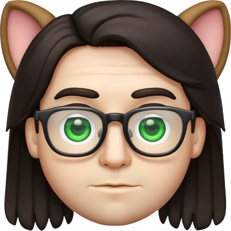 young male emoji with wide face, fuller lips, very poofy voluminous dark straight hair (not curly), big ears, pale skin, glasses, green eyes set wider apart, very light stubble emoji