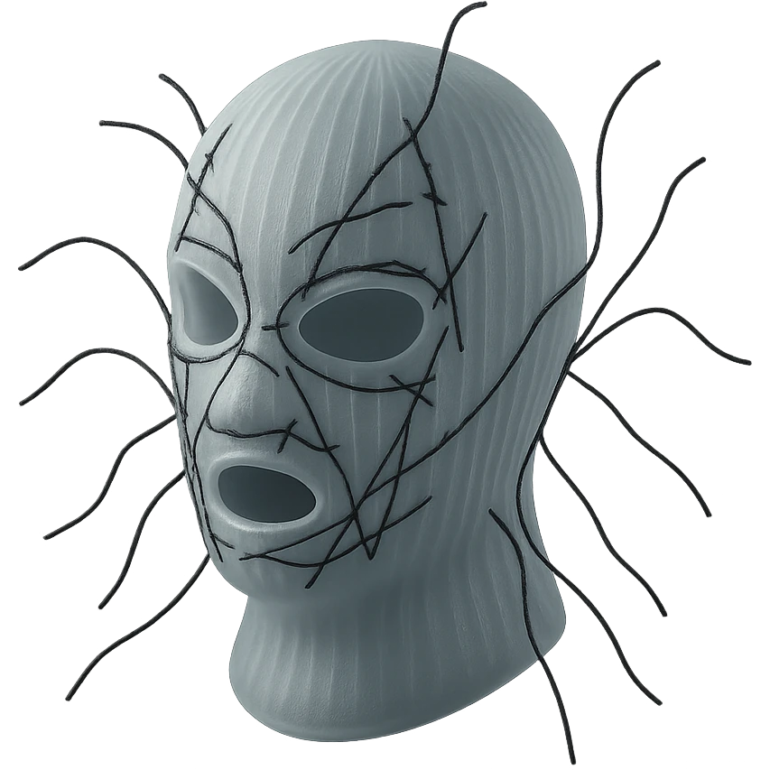 The mask is a full-head, white knitted balaclava with a tight ribbed texture. It features two asymmetrical eye openings and a partially exposed mouth area. Black thread is stitched across the surface in chaotic, abstract lines that trace facial features, giving a hand-drawn effect. Several black cords extend outward from the mask, varying in length and direction, adding a sculptural, almost organic appearance. The overall look is bold, handcrafted, and visually striking. emoji