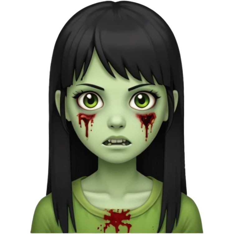 Emoji de uma garota zumbi com os cabelos longos, lisos e pretos. Ela usa uma franja curta. E tem a pele verde  emoji
