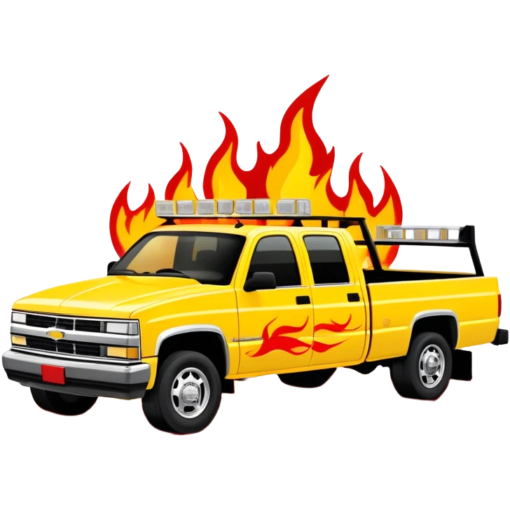 1997 yellow Chevy C-2500 Crew Cab with red flame design only painted on the front bumper, movie-accurate Kill Bill truck detail, 30-degree view, iOS emoji style emoji
