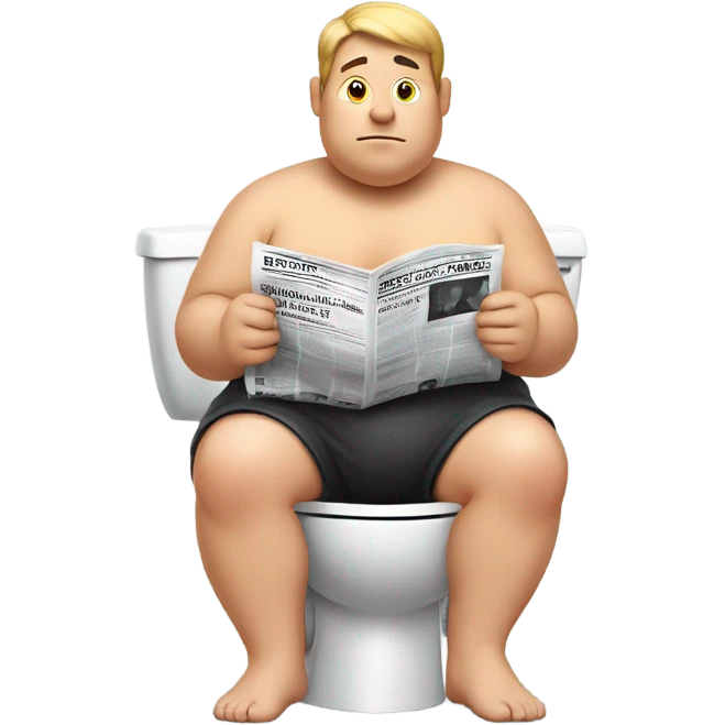 fat guy sitting on toilet reading newspaper no shirt front view emoji