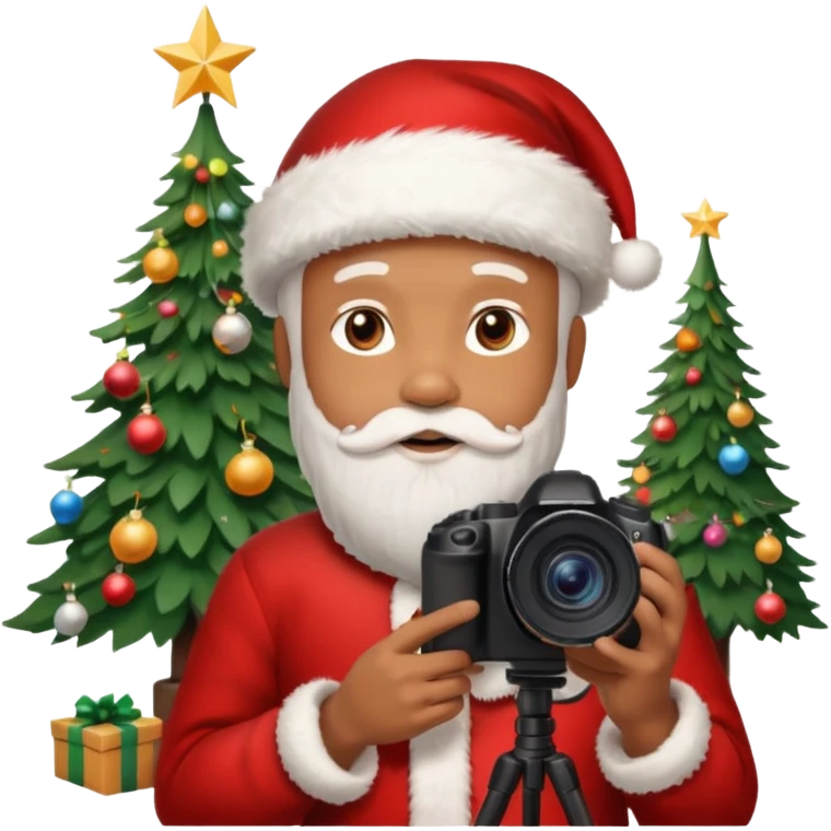 Homme photographe noir, week-end détente, équipé d’un appareil photo pro. Dans un décor Noël chaleureux, Père Noël à côté, sapin illuminé, lumières douces.  Ambiance festive, réaliste, couleurs nettes emoji