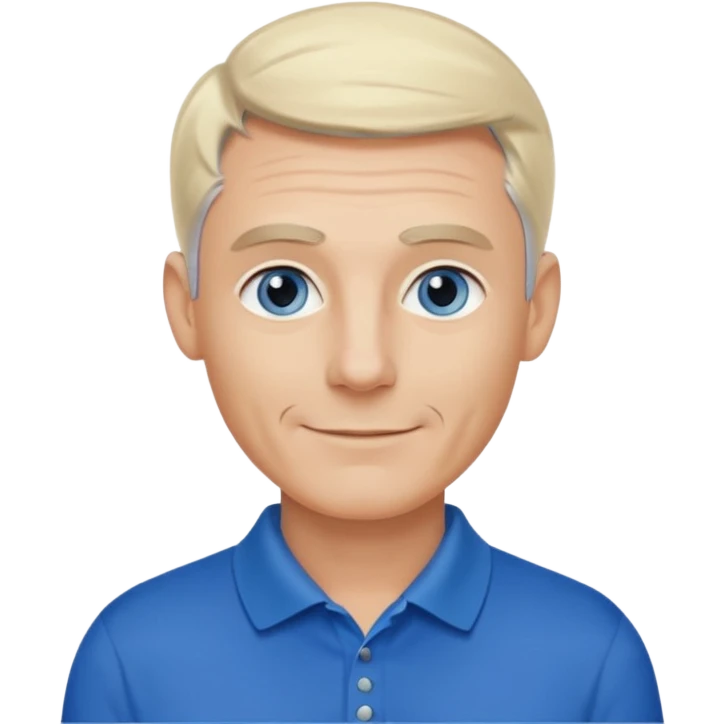 Avatar pic male gray hair blue eyes clean shaven blonde eyebrows high cheekbones sly smile long eyelashes wearing a black golf shirt emoji