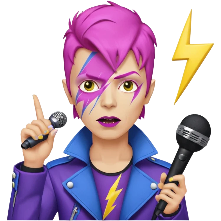 David Bowie inspired male rockstar emoji, short pink hair, lightning bolt face paint, yellow skin, dark lipstick, purple and blue jacket, microphone, white background emoji