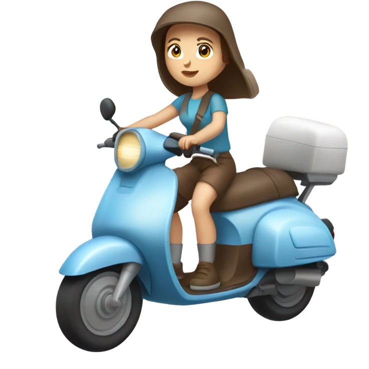 White women with Blue eyes and chocolate hair on a scooter in a helmet and summer clothes emoji