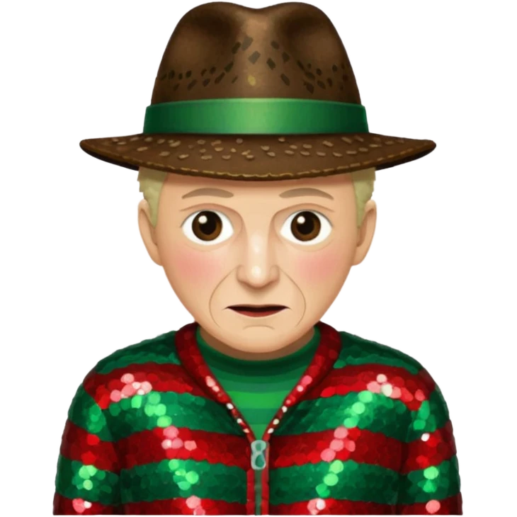Freddy Krueger with red and green stripe sequin sweater, dark brown sequin jacket and hat emoji