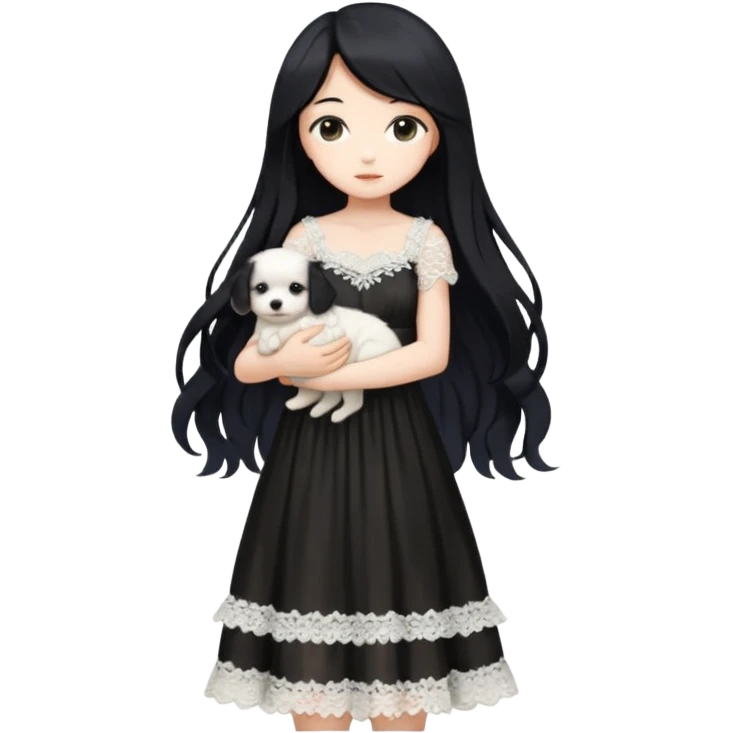 Pastel anime lady long hair with long lace dress full body holding puppy emoji