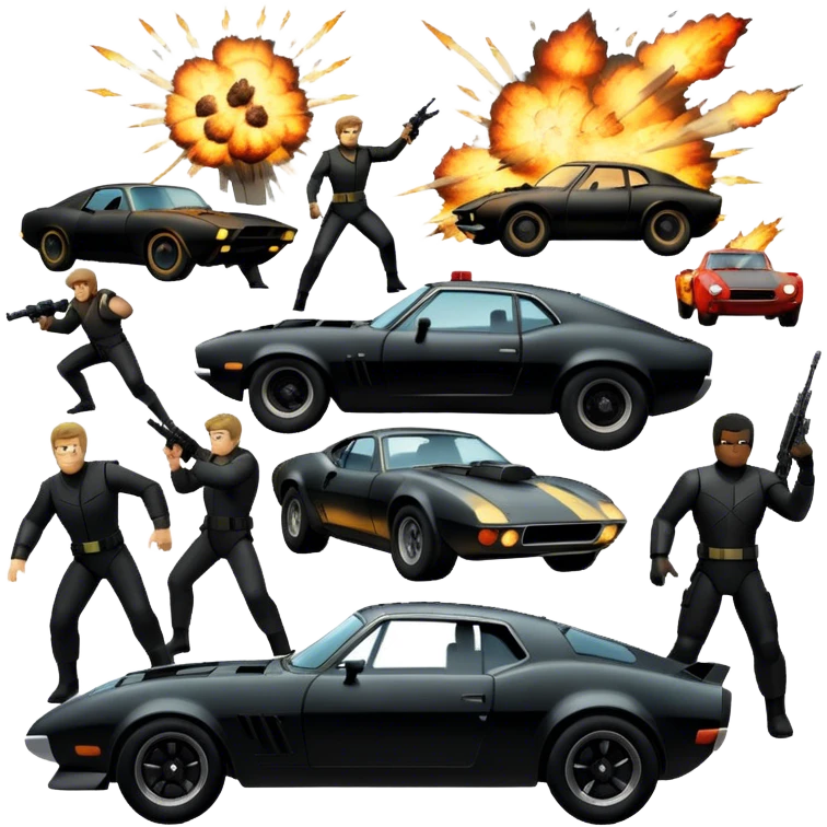 Photorealistic Icon for Action Movies: Dynamic collage of iconic action movie scenes featuring explosions, fast cars, combat, and weapons. Include silhouettes of famous action heroes, dramatic lighting, and a sense of high-octane energy. Transparent background. emoji