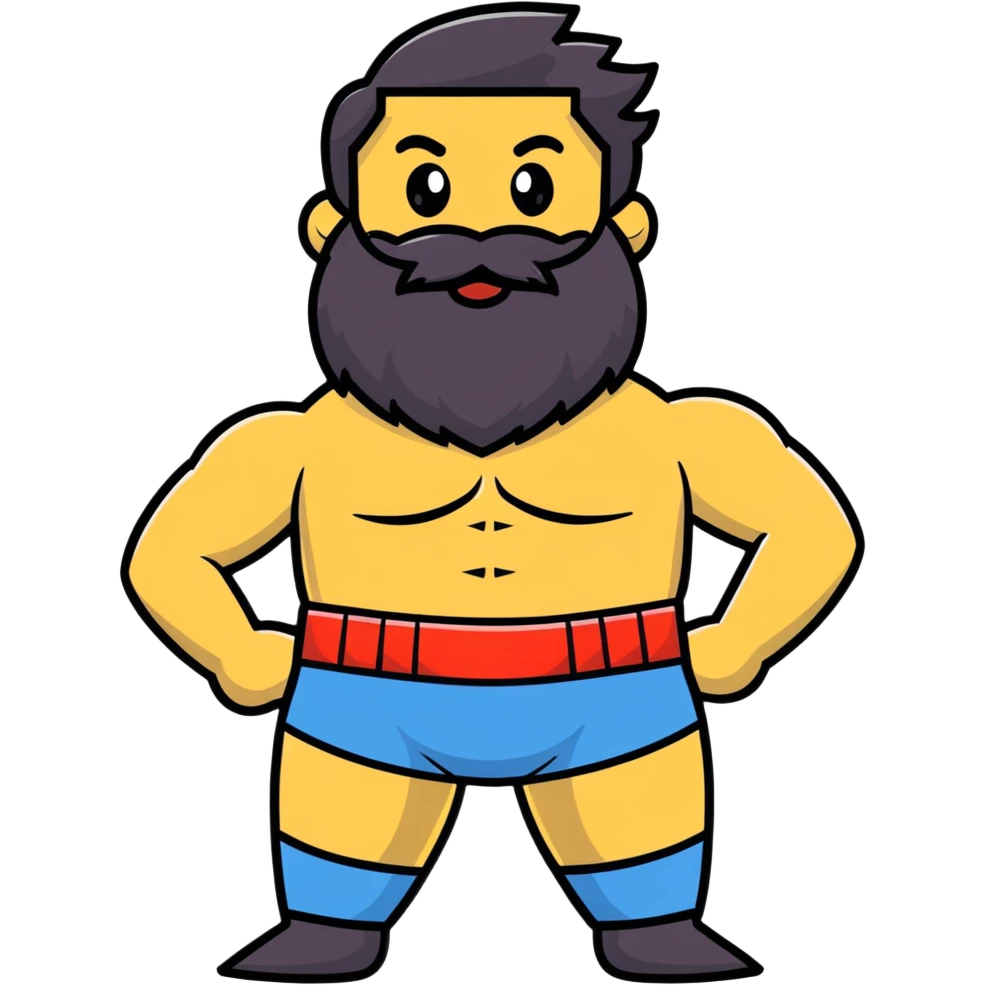 silly superhero with giant beard wearing underwear outside costume, goofy expression emoji