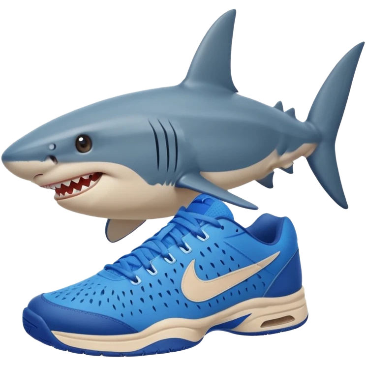 shark smiling on a beach, blue Nike tennis shoes visible emoji
