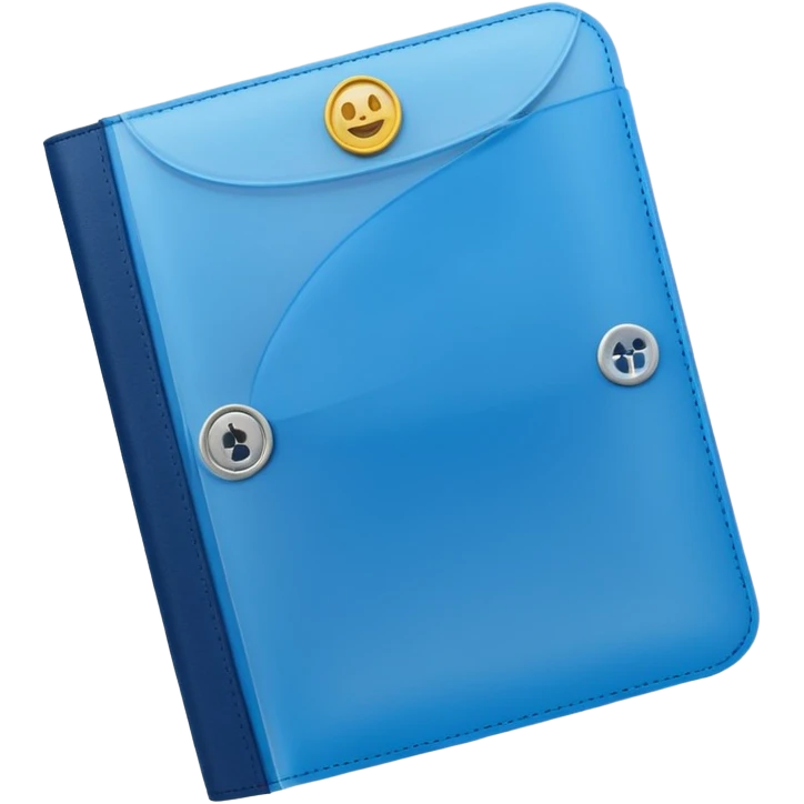 A translucent blue plastic folder with rounded corners, elastic string and button closure, soft matte finish, and a passport/travel symbol on the front. emoji