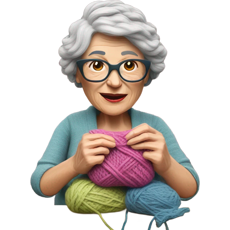 Create a 3d hyper realistic photo of a senior woman knitting  emoji