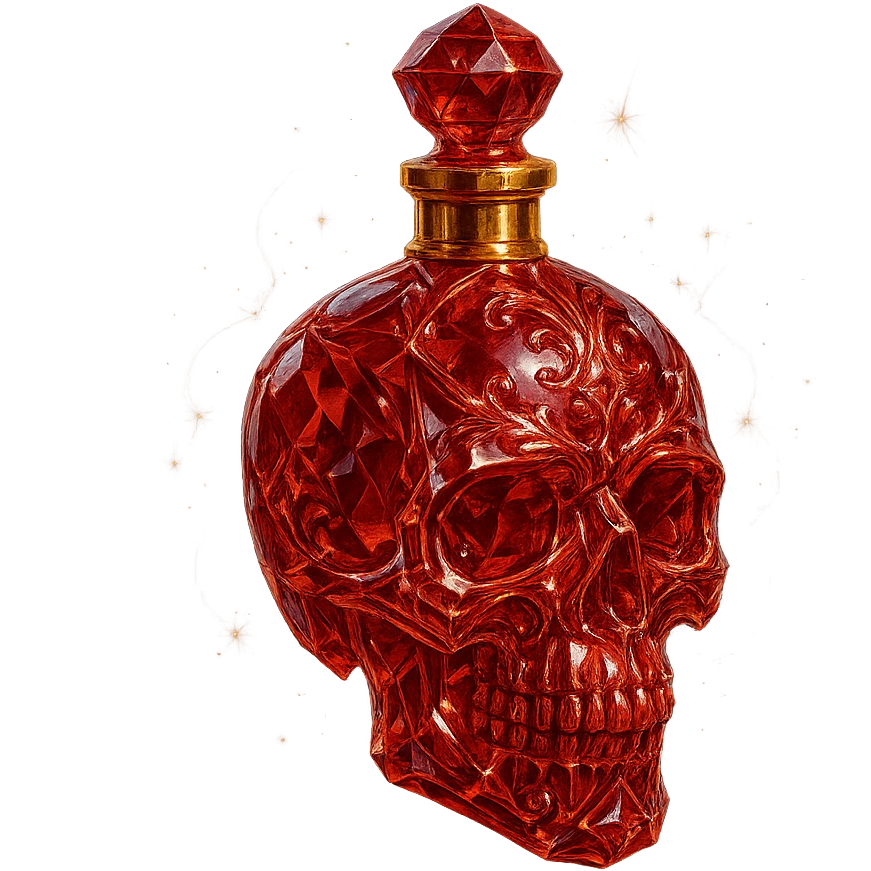 crystal luxurious skull-shaped elixir bottle, red, very small golden collar, lots of shine, edges, ornaments, golden details, magical effects, transparent background, clearly hanging in the air, no base or shadow, premium class, matching the collection emoji