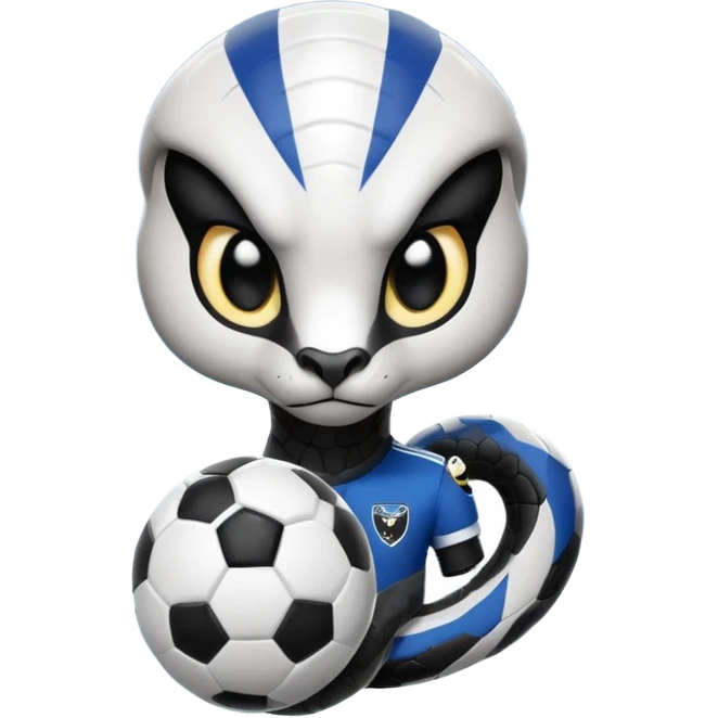 Кобра с чёрными и белыми глазами и чёрной и белой молниями из глаз. У неё чёрно-белая футбольная форма с надписью FangElite emoji