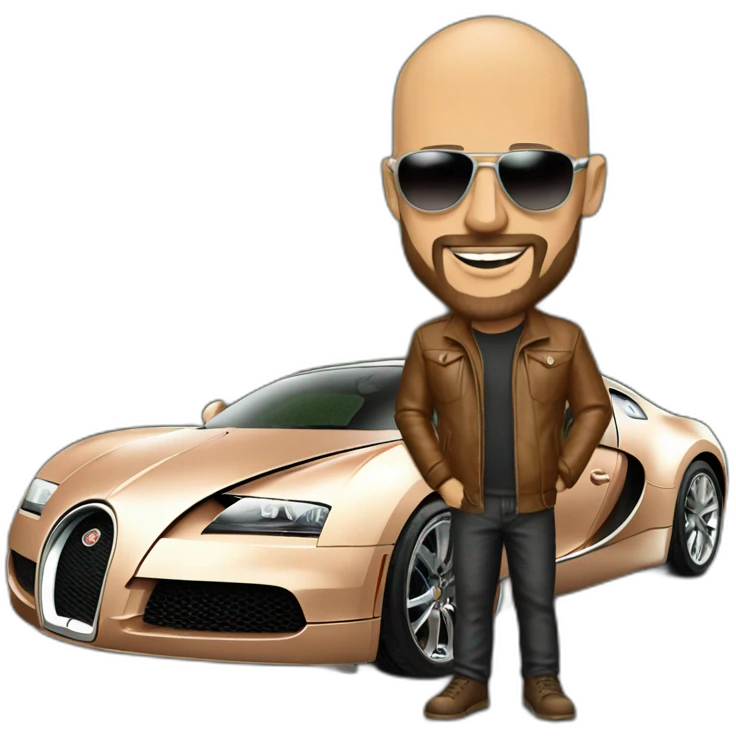 bald man wearing shades and has trimmed beard with normal colored skin standing next to a copper bugatti emoji