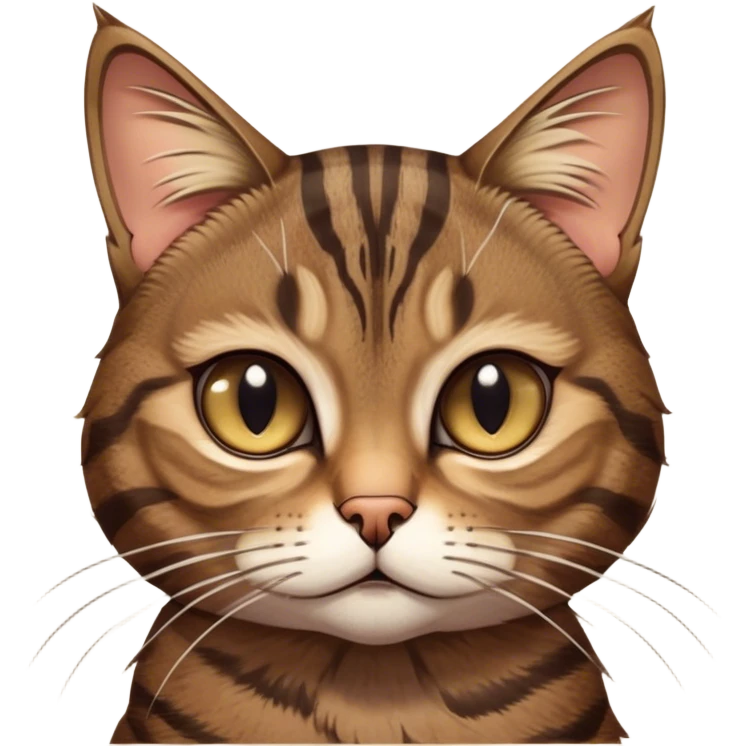 Cinematic Grumpy Brown Tabby Cat Portrait Emoji, Head tilted slightly with a deeply unimpressed expression, thick brown fur with dark, pronounced tabby stripes and a furrowed brow, large eyes narrowed into an unamused glare, whiskers slightly drooping in exasperation, Simplified yet comically expressive features, highly detailed, glowing with a dry, sarcastic glow, high shine, effortlessly judgmental yet dignified, stylized with a touch of cynicism, bright but brooding, soft glowing outline, capturing the essence of an eternally unimpressed yet endearing feline, so lifelike it feels like it could sigh heavily at you in disdain at any moment! emoji