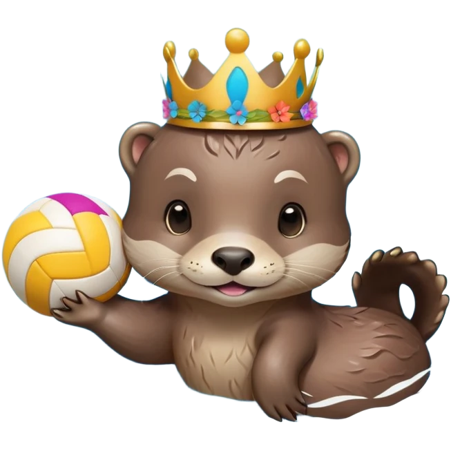 super cute baby otter with a colorful flower band/crown around its head, gentle expression and soft rounded eyebrows, floating on VERY CLEARLY VISIBLE blue water with prominent waves and ripples, baby otter with big sweet eyes holding a volleyball with both small paws above the water emoji