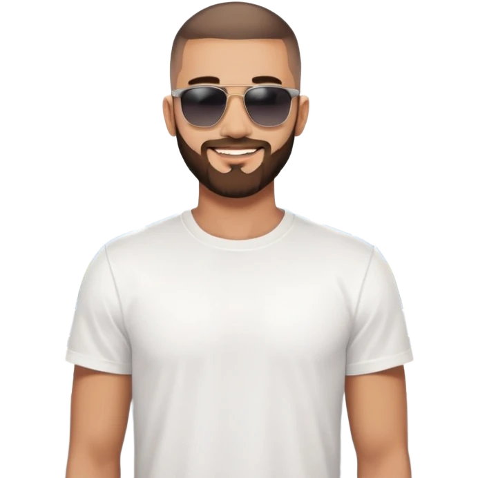 A confident young man with a stylish buzz cut and beard, wearing dark sunglasses and a clean white T-shirt. He smiles slightly while standing outdoors against a clear sky and modern urban background. emoji