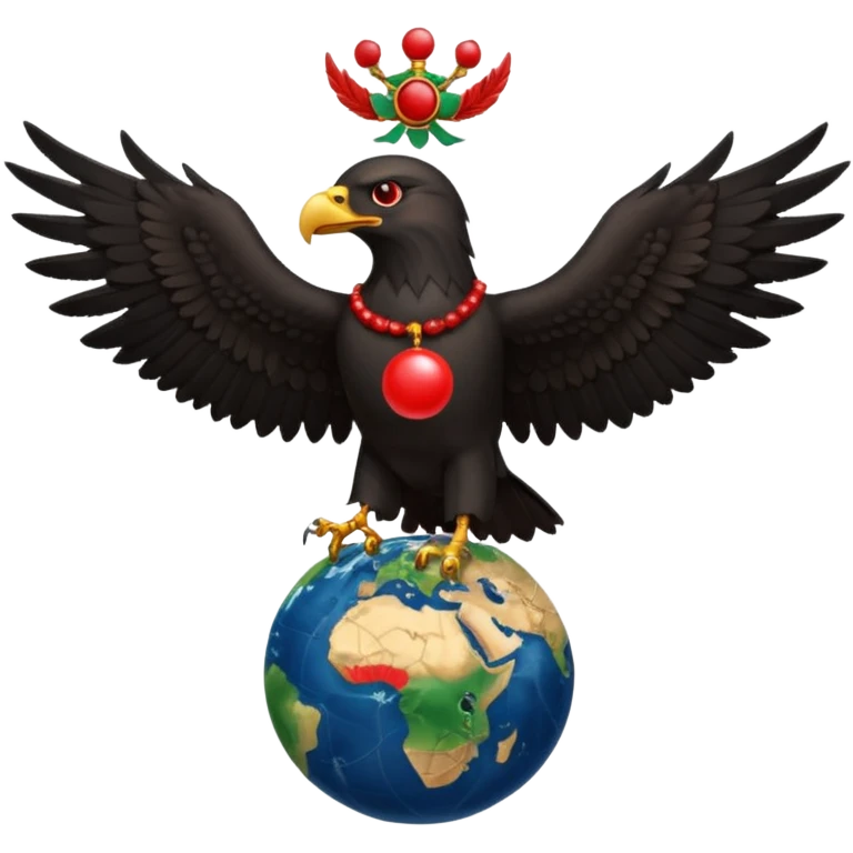 Fully black eagle with red mala bead necklace, the eagle's head facing the left with a single eye visible, wings spread full length, standing over an earth emoji with the African continent centered on the earth emoji. Replace the eye of the eagle with a Japanese Yen currency symbol. emoji