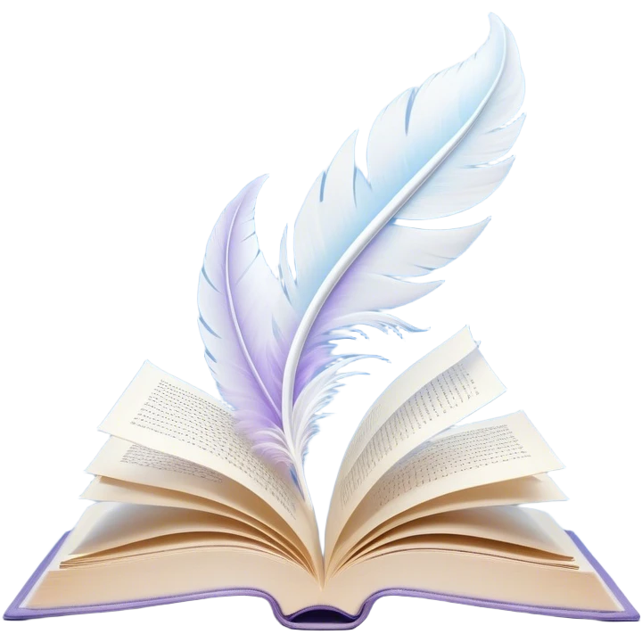Create a delicate and poetic emoji representing poetry. The design should feature several elegantly flying pages with short poetic columns written on them. The pages should appear light and flowing, almost as if being carried by the wind. Include a white feather gently resting on the pages, symbolizing creativity and inspiration. Use soft, pastel tones like light blues, purples, and creams to give it a dreamy, artistic feel. The design should feel ethereal and whimsical, capturing the essence of poetry. Make the background transparent. emoji
