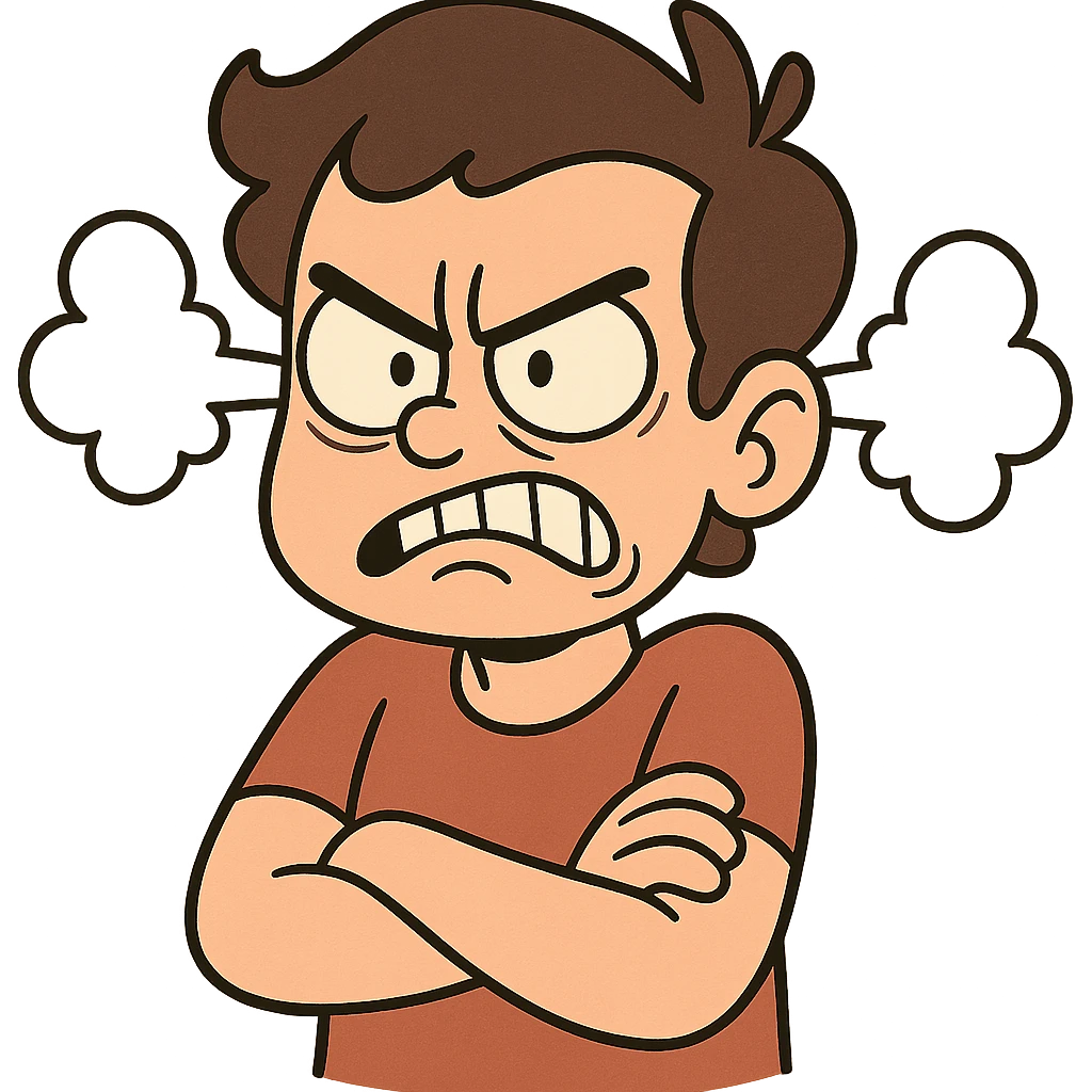 a person with an annoyed, frustrated expression, cartoon style, exaggerated facial features, steam coming out of ears emoji