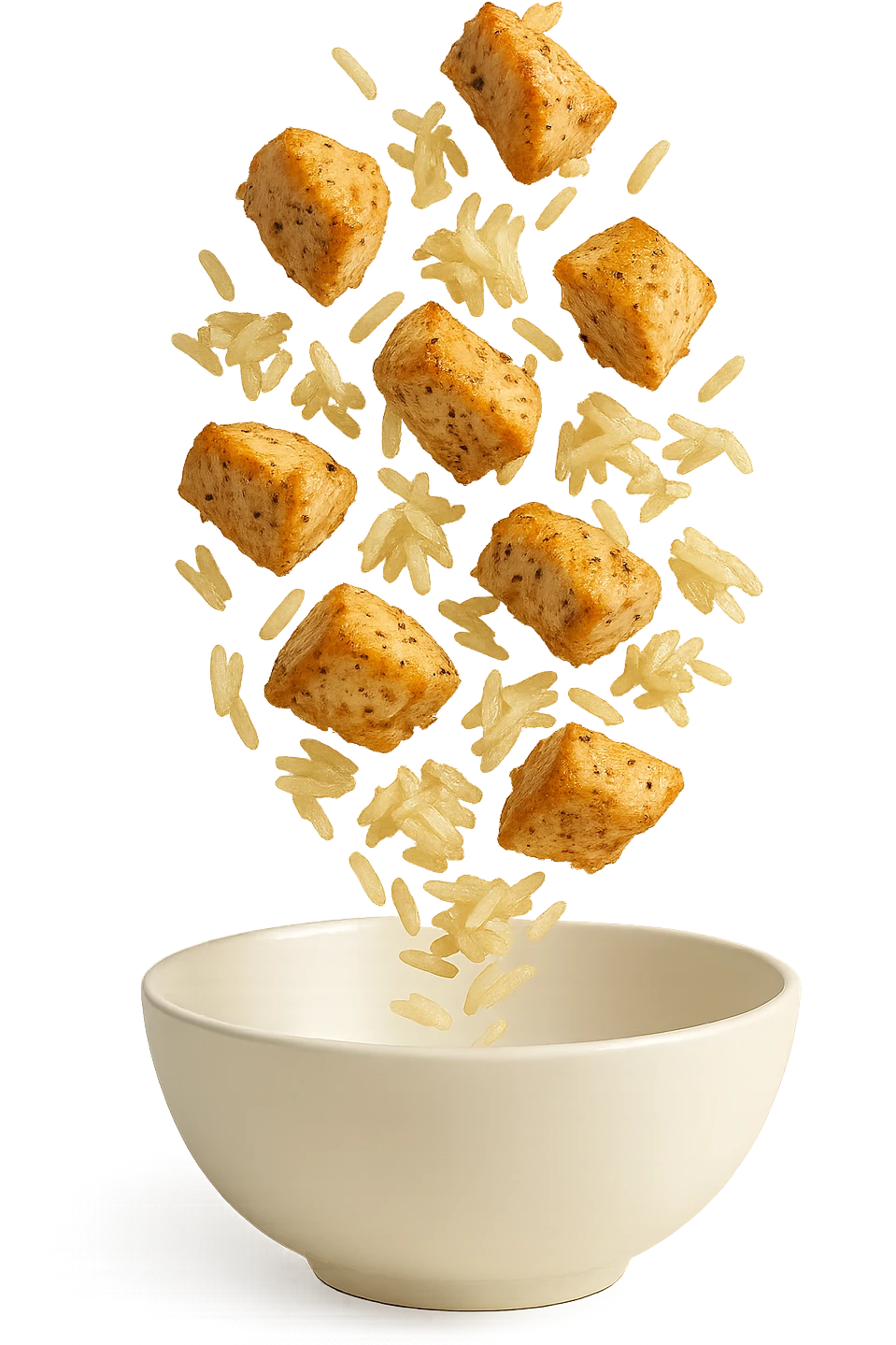 bowl bianca con pollo e riso che ci cadono dentro emoji