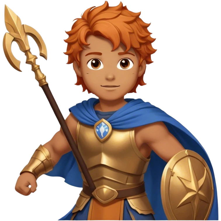 A muscular young hero with wavy orange hair and a determined smile. He wears a Greek-style brown tunic with a blue cape, bronze armor, and a headband. His stance is confident and heroic, exuding strength and courage emoji