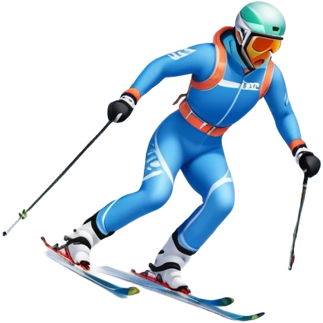 An icon featuring a skier racing down a snow-covered slope, surrounded by snowy peaks, pine trees, and a picturesque mountain landscape. The sky is blue with soft clouds, capturing the thrill and beauty of alpine skiing. Transparent background highlights the excitement and serenity of winter sports. emoji