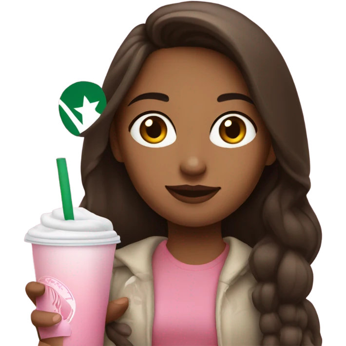 a brunette girl drinking pink starbucks drink emoji