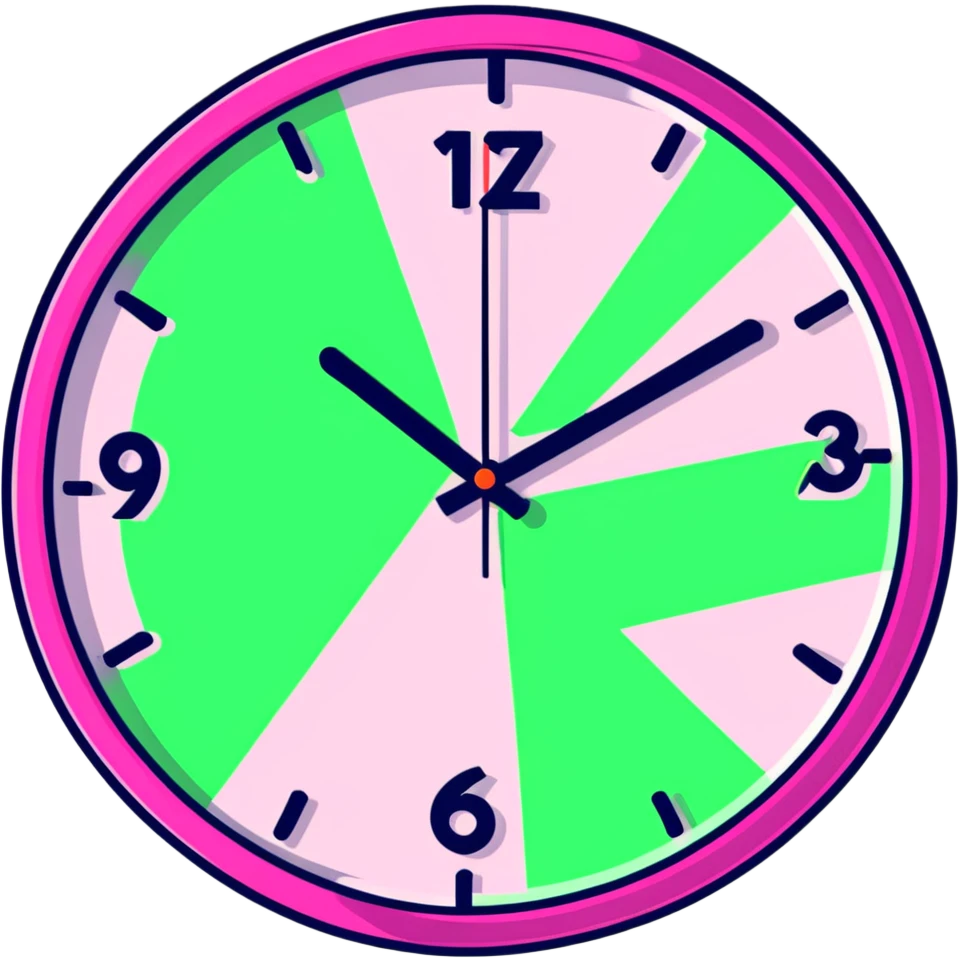 cartoon pink clock with numbers zooming away, energetic emoji