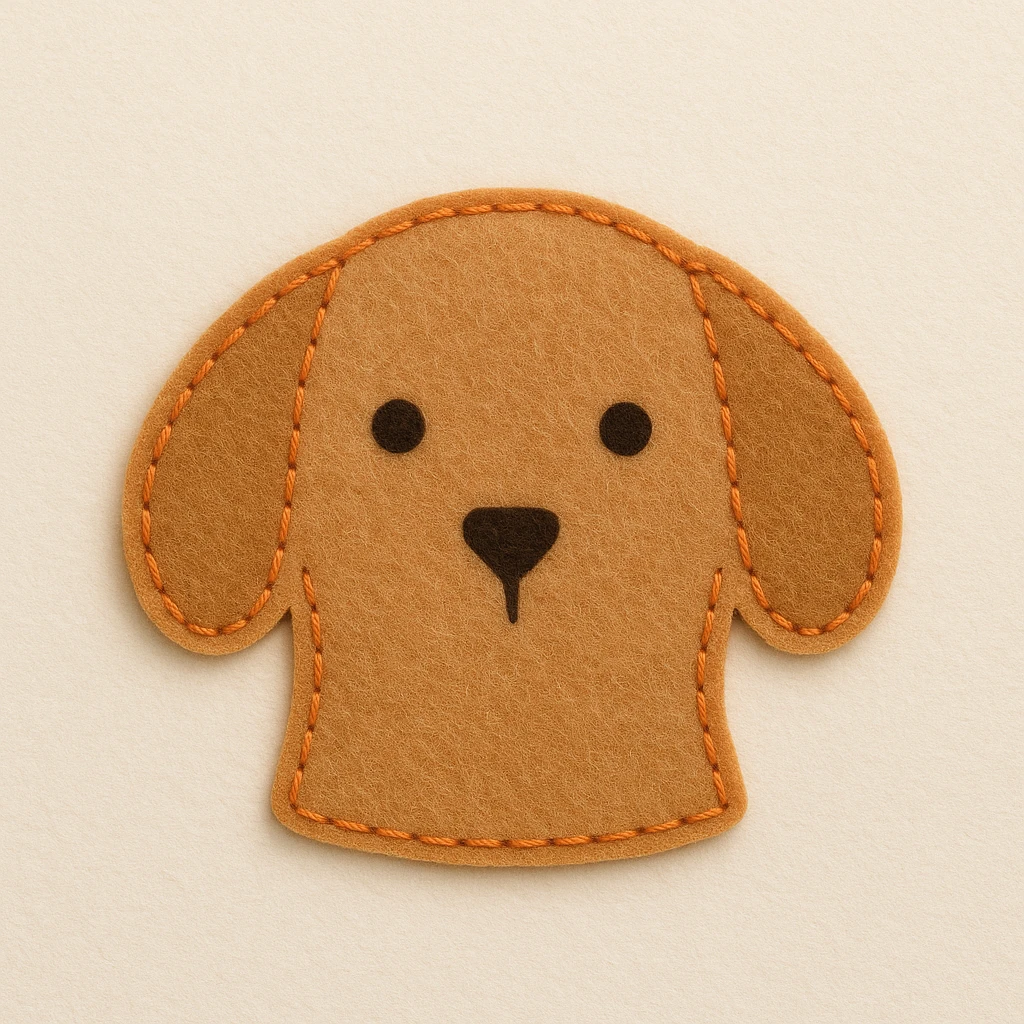 Minimal felt patch of a dog with soft matte felt, muted orange stitched edge, low detail, small round eyes, simple triangle nose, no mouth, warm color palette, flat perspective, off-white background emoji