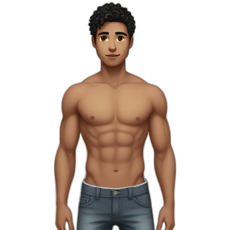 Guy, 20 y.o., black hair, amber eyes, white skin, full body with legs, without shirt, fit, abs, emoji