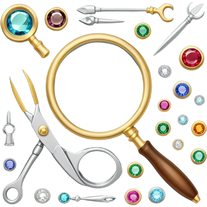 Create an icon that represents the art of jewelry making. The design should include a jeweler's workbench, tools like pliers, a magnifying glass, and various precious materials such as gemstones, gold, and silver. Feature a partially crafted piece of jewelry, like a ring or necklace, showcasing intricate details and craftsmanship. The composition should evoke elegance and precision, reflecting the skill and artistry of jewelry making. The background should be transparent. emoji
