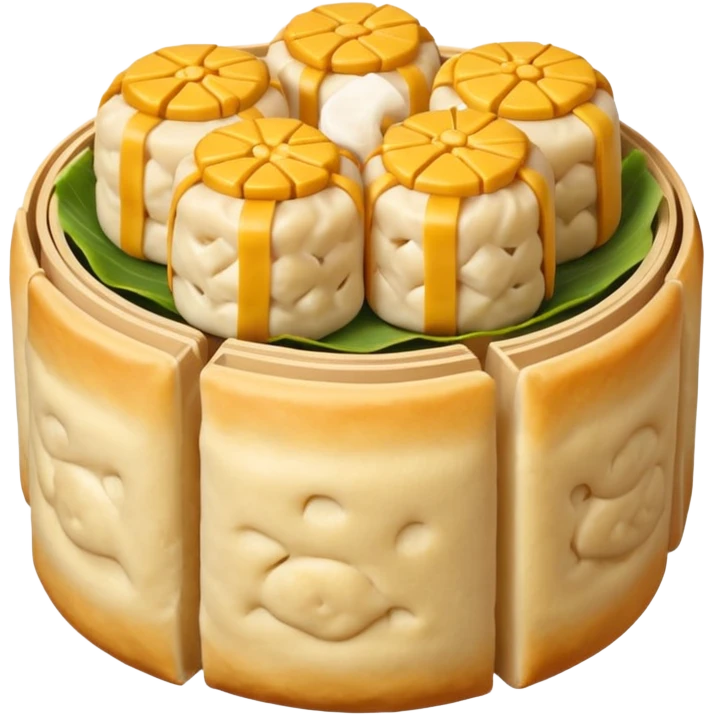 siu mai (a type of dim sum, just 1 cube of white color fish patty wrapped by yellow dough, leaving only the top part unwrapped, shape looks like short cylinder shape) emoji